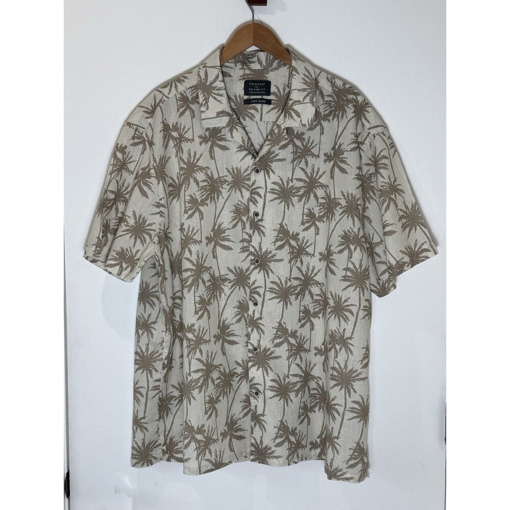 Primark Linen Blend Tan Tropical Mens Button Up Big & Tall 3X Cabana Resort